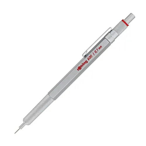Rotring Druckbleistift 600, 0.7mm HB - Silber - Schreibutensilien mit massivem Metallgehäuse und hochwertiger Hi-Polymer-Mine. Ideal für präzises Zeichnen und Schreiben, ausgestattet mit einstellbarer Härtegradanzeige und integriertem Radiergummi.