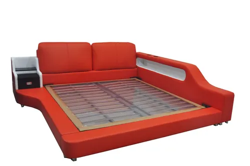 Doppel Luxus Design Lederbett mit USB-Funktion - Elegantes Polsterbett in Orange, ideal für Erwachsene. Mit integriertem USB-Anschluss, bequem und stilvoll. Maße: 266cm x 246cm x 92cm, ohne Matratze.