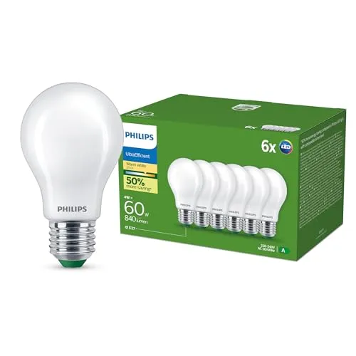 Philips Ultra Efficient LED Bulb, Energieeffizienzklasse A, mit E27 Sockel, 60 W, matt, warmweiß 2700 K, 6er Pack, Weiß