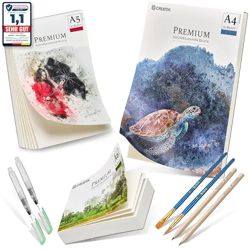 CreaTek Aquarellpapier Set im Format DIN A4 + A5 + A6 [ Premium Qualität für brillante Aquarelle ] Naturweiße & Kaltgepresste Aquarellblöcke zum Vorteilspreis | Aquarell Papier, Aquarell Malblock