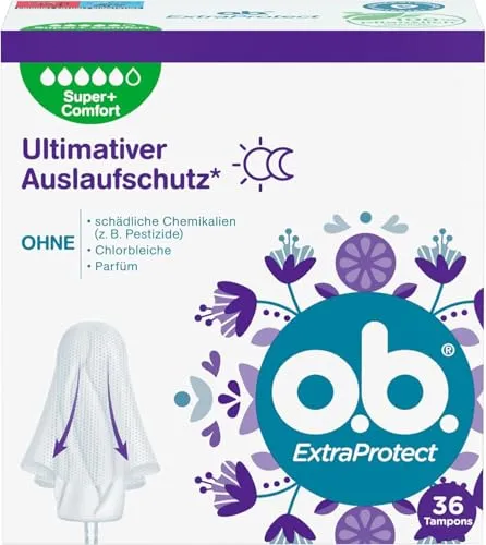 o.b. ExtraProtect Super + Comfort Tampons, 36 Stück - Maximaler Auslaufschutz für sehr starke Tage – Die o.b. ExtraProtect Tampons bieten durch ihre innovative Technologie und extra Schutzflügel zuverlässige Sicherheit und ein sauberes Gefühl.