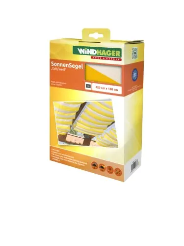 Sonnensegel 420x140cm gelb/weiß - Sonnenschutz für Terrassen und Balkone, UV-stabil und witterungsbeständig aus hochwertigem Polyester, waschbar bis +40°C, inkl. 30 Laufhaken für einfache Montage.