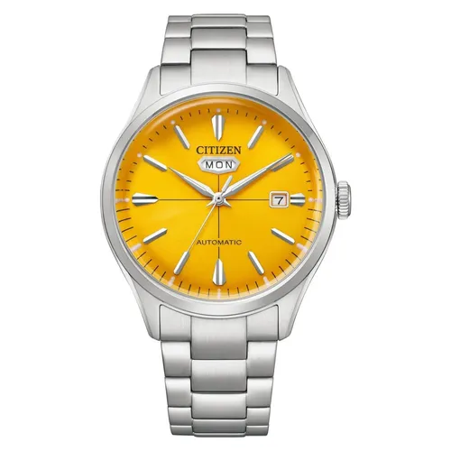 Citizen C7 Automatik-Herrenuhr NH8391-51Z - Armbanduhren mit gelbem Zifferblatt und Edelstahl-Gehäuse, ideal für stilvolle Herren, wasserdicht bis 50 m und mit automatischem Uhrwerk für präzise Zeitmessung.