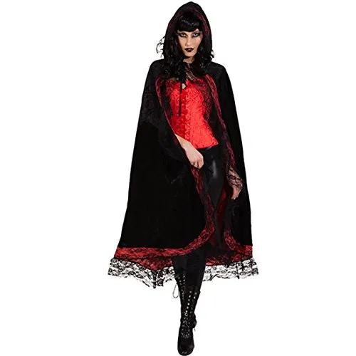 Amakando Kapuzencape mit Spitze - schwarz-rot - Edler Vampirumhang Damen Dracula Outfit Halloween Elegantes Vampire Cape Dark Fashion Vampirin Kostüm Gothic Umhang mit Kapuze