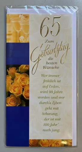 65. Geburtstag Glückwunschkarte lang mit Umschlag - Karte mit Spruch
