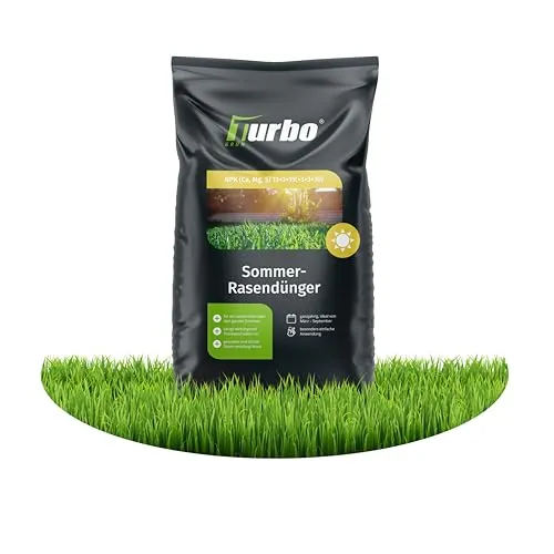 Turbogrün Rasendünger Sommer 10kg - Optimal für einen gesunden Rasen - Rasendünger für die Sommerzeit: Sorgt für kräftiges Grün und Widerstandsfähigkeit gegen Hitze. Ideal für Streuwagen, staubarmes Granulat für einfache Anwendung und langanhaltende Wirkung.