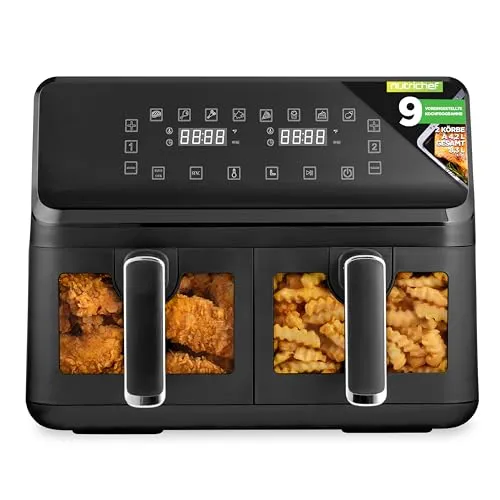 NutriChef Heißluftfritteuse Airfryer XL – 8L mit 2 Körben & 9 Programmen - Genießen Sie fettfreies Garen mit 360° Heißluftzirkulation. Ideal für knusprige Pommes und zartes Gemüse! 9 Programme & Sichtfenster für einfache Handhabung. Spülmaschinenfeste, antihaftbeschichtete Einsätze sorgen für schnelle Reinigung.