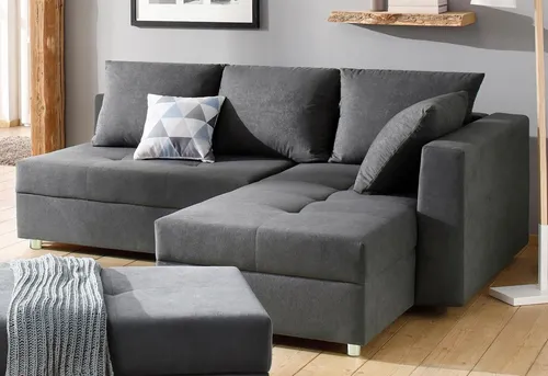Ecksofa HOME AFFAIRE "Italia L-Form" grau, mit Bettfunktion - Sofas mit Bettfunktion, modernes Design, ideal für Gästezimmer und Wohnbereiche, inklusive Zierkissen und flexibler Ottomane für optimale Raumnutzung.