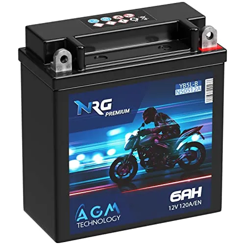 NRG Premium YB5L-B AGM Motorradbatterie 6Ah 12V - Hochleistungs-Motorradbatterie mit AGM-Technologie, wartungsfrei und auslaufsicher, ideal für intensive Startvorgänge.