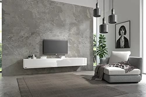 Wuun® TV Lowboard 200cm - Hängeschrank in Weiß-Matt und Weiß-Hochglanz - TV-Halterungen - Multifunktionales, schwebendes Lowboard mit modernster Acrylbeschichtung für eine elegante Glasoptik und kinderleichte Push-to-Open-Funktion.