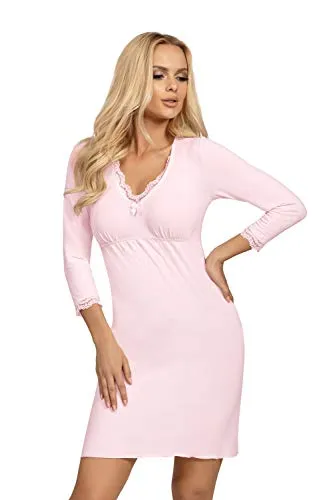 Selente Sweet Dreams Bezauberndes kurzes Nachthemd/Negligee mit Spitze, Langarm Rosa, Gr. 44