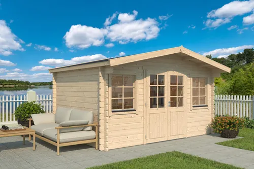Fjordholz Gartenhaus Modell Sören 44 – Massivholz für Gartenfreunde - Starkes Gartenhaus aus 44mm nordischer Fichte mit Doppeltür und isolierverglasten Fenstern. Ideal für alle Wetterbedingungen, inklusive hochwertigem Montagematerial und individuellem Design.