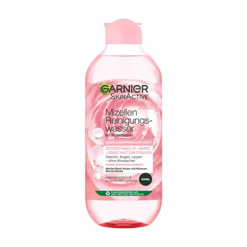 Garnier All-in-1 Mizellen Reinigungswasser mit Rosenwasser 400 ml - Gesichtsreiniger mit Mizellen-Technologie und Rosenwasser für empfindliche Haut, entfernt wasserfestes Makeup und sorgt für einen strahlenden Teint.