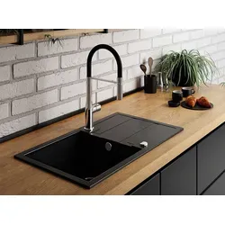BADLAND Elza Set Granitspüle mit langer Ablaufplatte und Spültischarmatur in Schwarz - Hochwertige Granitspüle mit extrem widerstandsfähiger Oberfläche, kombiniert mit einer flexiblen Spültischarmatur für komfortables Abwaschen. Platzsparender Siphon für optimale Raumnutzung in Ihrer Küche.