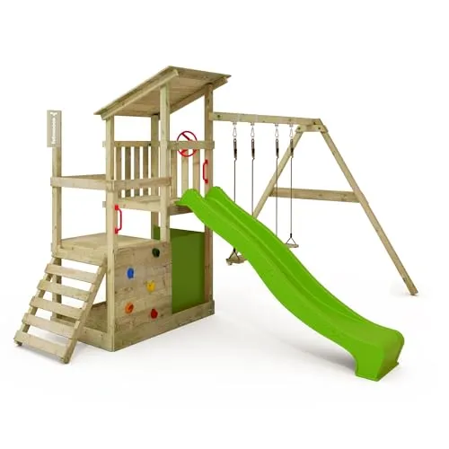 FATMOOSE Spielturm Klettergerüst FruityForest Fun XXL - Schaukeln und Spielen im Freien! Mit Schaukel, apfelgrüner Rutsche, Sandkasten und viel Zubehör bietet dieser Spielturm endlosen Spaß für Kinder im Garten.