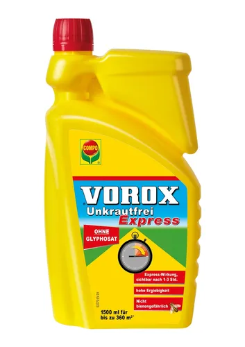 Compo VOROX Unkrautfrei Express 1500ml - Hochwirksamer Unkrautvernichter, gegen über 50 Unkräuter, schnell wirksam in 1-3 Stunden, ohne Glyphosat und bienengefährlich