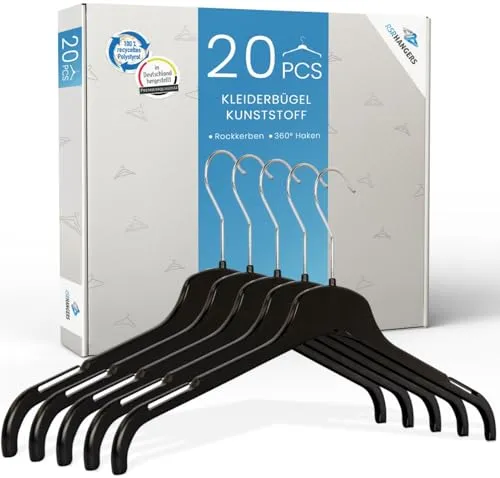 RSR Hangers Kleiderbügel TU 38 cm - 20 Stück - aus Kunststoff - 360° drehbarer Haken - platzsparend - Hemdenbügel - Blusenbügel - Mäntel - Schwarz - Schneller Versand - Made in Germany