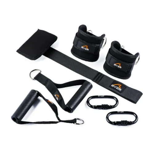 RYZR Trainingsband RYZR Workout Set - vielseitiges Fitness-Training für Zuhause und unterwegs - Das RYZR Workout Set bietet ein flexibles System für effektives Ganzkörpertraining. Mit ergonomischen Handgriffen und stabilen Fußschlaufen ist es ideal für vielfältige Übungen und fördert die Mobilität und Kraft in kompaktem Design.