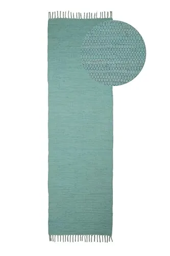 carpetfine Flickenteppich Kelim Chindi Uni Läufer Türkis 60x180 cm - Handgewebter Baumwollteppich im Boho-Look, langlebig und pflegeleicht. Ideal für Wohn- und Essbereiche, sorgt er für eine gemütliche Atmosphäre.