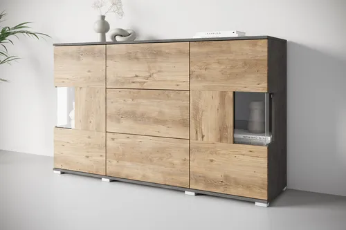 INOSIGN Sideboard Kenia – 150 cm, braun, 3 Schubladen & 6 Fächer - Kommode mit Glastüren und Push-to-open-Funktion, ideal für stilvolle Aufbewahrung und individuelle Einrichtung.