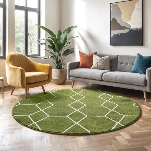 SANAT Wohnzimmerteppich – Pflegeleicht & vielseitig – Rund, 200 cm, Trellis Muster, Grün - Vielseitiger Flächenteppich mit modernem Trellis-Muster, ideal für jeden Raum. Pflegeleicht und robust, sorgt für Wärme und Komfort in Ihrem Zuhause. OEKO-TEX zertifiziert für geprüfte Qualität.
