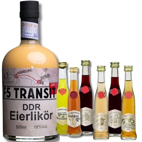 DDR Eierlikör + 6 Kleine Liköre (Mix) - Eierlikör nach DDR-Rezept + Likör: Weinbergpfirsich, Kirsche, Heidelbeere, Wildpflaume, Limoncello, Sanddorn + Gutschein Brennereiführung
