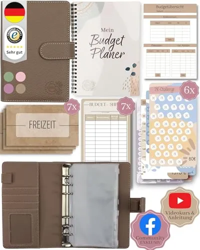 BeginnerBudget® Budget Planner Deutsch - Starterset mit Sparchallenge Budgetplaner deutsch - Sparen mit Umschlagmethode + Anleitung - Ringbuch A6 - Binder A6 Litchi-Style (Braun (mit Budgetplaner))