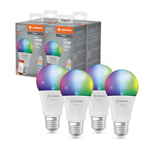 LEDVANCE WiFi E27 LED Lampe, Smart Home Leuchtmittel, 14W (1521lm) ersetzt 100W Glühbirne, dimmbar, RGBW Lichtfarbe (2700-6500K), per Alexa, google oder App steuern, Lampen im 4er-Pack