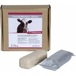 Alfavet PansenReaktiv-Bolus 4x110 g für Milchkühe - Diät-Ergänzungsfuttermittel für Rinder zur Unterstützung der Pansenflora. Fördert die Faserverwertung und stabilisiert den pH-Wert im Pansen. Ideal für intensiv gefütterte Kühe.