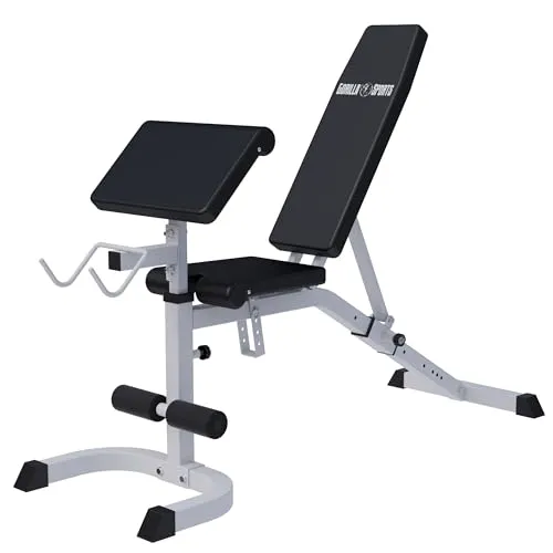 GORILLA SPORTS Verstellbare Hantelbank mit Curlpult, 250kg - Hantelbänke mit 7-fach verstellbarer Rückenlehne und Curlpult für vielseitiges Training. Max. Belastbarkeit von 250kg garantiert Sicherheit und Stabilität während intensiver Workouts.