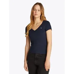 T-Shirt "TJW SLIM V-NECK TEE" mit Logo-Stickerei - Stilvolles T-Shirt für Frauen von Tommy Jeans, Gr. M, in Dark Night Navy. Angenehm weicher Single Jersey und figurbetonter Schnitt für optimalen Tragekomfort.