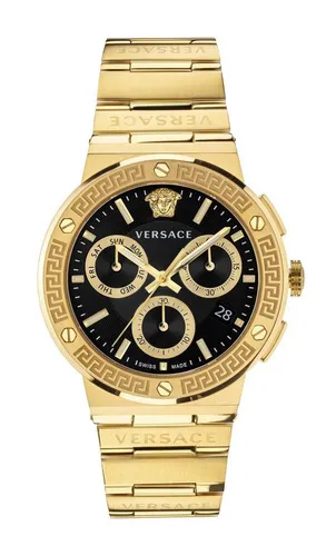 Versace Greca Logo Chronograph 43 mm - Armbanduhr für Herren mit schwarzem Zifferblatt, Saphirglas und wasserdicht bis 50 m – stilvolles Design in Goldton.