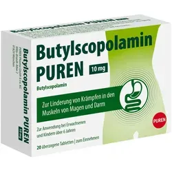 BUTYLSCOPOLAMIN PUREN 10 mg - Überzogene Tabletten - Arzneimittel zur Linderung von Bauchschmerzen und Krämpfen, speziell bei Magen-Darm-Beschwerden, in praktischer 20er-Packung.