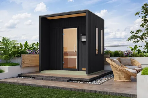 Karibu Saunahaus "Arcodia" schwarz – Entspannung für jeden Garten - Kompakte Außensauna aus hochwertiger nordischer Fichte (BxTxH: 219,5 x 216,5 x 244 cm) mit 73 mm starken Wänden für angenehme Wärme. Ideal für entspannende Momente im eigenen Garten.