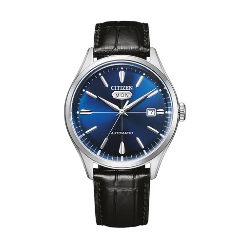 Citizen Herrenuhr Automatik Silberfarben/Blau - Armbanduhr für Herren mit analoger Anzeige, leuchtenden Zeigern und edlem schwarzem Kroko-Look Lederband – ideal für stilbewusste Männer.