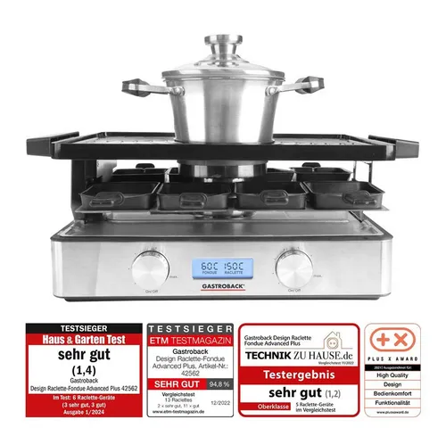 Gastroback Raclette und Fondue-Set - Raclette-Set mit 9 Antihaftpfännchen und Edelstahl-Fondue-Topf, ideal für gesellige Abende und vielseitige Zubereitungsmöglichkeiten.