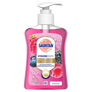 SAGROTAN® HYGIENE Flüssigseife 250 ml - Seifen mit antibakterieller Wirkung und frischem Wildbeeren-Duft, ideal für hygienische Sauberkeit im Büro oder Zuhause.