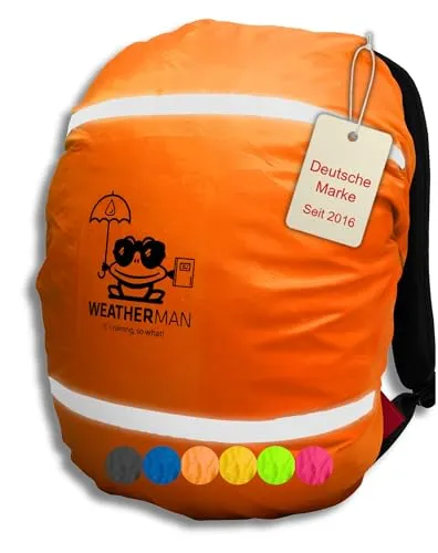 WEATHERMAN Regenschutz für Schulranzen und Rucksäcke (20-40L) – Wasserdichter Regenüberzug mit reflektierenden Streifen, elastischer Befestigung, 6 Farbe (Orange)
