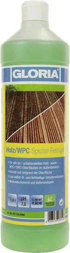 Gloria Holz/WPC Spezial-Reiniger 1l - Effektives Holzreiniger-Konzentrat - Spezial-Konzentrat zur gründlichen Reinigung von Holz- und WPC-Oberflächen im Außenbereich. Ergiebig für über 50 m², materialschonend und biologisch abbaubar. Ideal für den Einsatz mit Schaumsprüher und Oberflächenbürsten.
