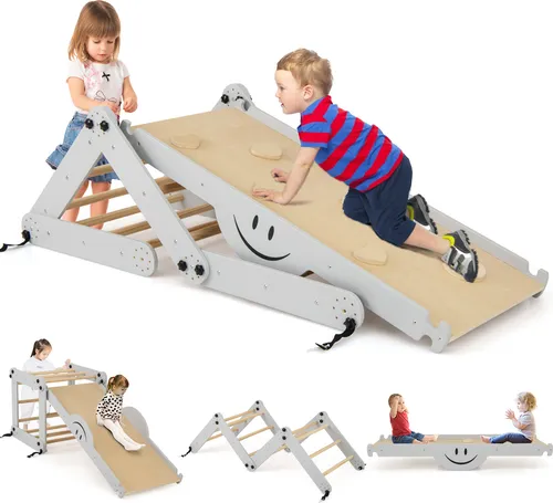 COSTWAY Kletterset für Kinder - 5-in-1 Spielspaß - Klettergerüste für Kinder, multifunktional mit verstellbarer Rampe, fördert motorische Fähigkeiten und bietet vielseitigen Spielspaß im Innenbereich.