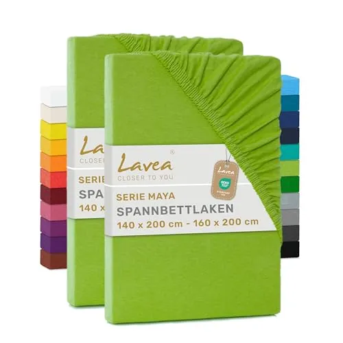 Lavea® Spannbettlaken 140x200cm - 160x200cm, Apfelgrün, 100% Baumwolle Jersey mit Rundumgummizug - Hochwertiges Spannbettlaken aus 100% Baumwolle Jersey, atmungsaktiv und weich. Der Rundumgummizug sorgt für einen sicheren Halt auf Matratzen bis 20 cm Höhe. Pflegeleicht bis 60 °C und langlebig für täglichen Einsatz.