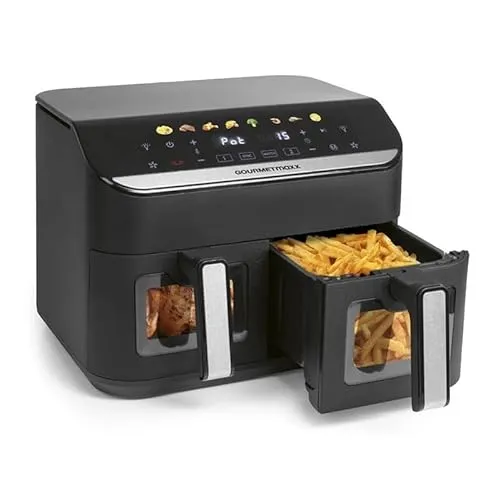GOURMETmaxx 2-Kammer-Heißluftfritteuse 9L - Kompaktfriteusen mit 2400 Watt, 14 Multi-Colour Touchscreen und Sync-Funktion für gleichzeitiges Frittieren von zwei Speisen – ideal für bis zu 8 Personen!