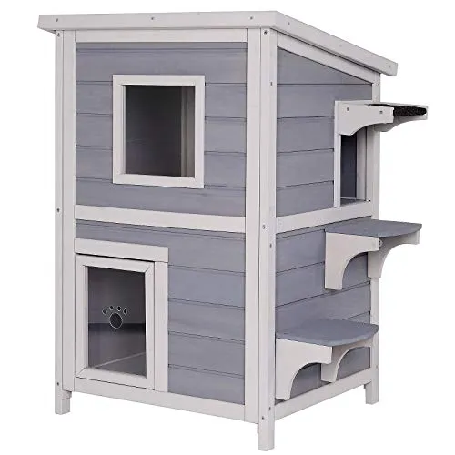 lionto Outdoor Katzenhaus - Wetterfestes Holzhaus für Katzen mit 3 Zugängen - Katzenhöhlen & -häuser: Dieses wetterfeste Katzenhaus bietet Ihrer Samtpfote Spiel- und Ruheplätze auf 2 Etagen mit 3 Zugängen und einem Fenster für besten Ausblick.