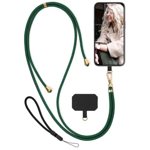 moex Unleash für Motorola Moto G75 5G Handyband zum Umhängen ohne Hülle, Handykette Universal mit Karabiner, Handy Band abnehmbar, Kette mit Pad für Handyhülle, Grün, Gold