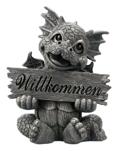 Figuren Shop GmbH Gartenfigur - Drache mit Willkommen Schild - Figuren, niedlicher Drache begrüßt Besucher und verleiht Ihrem Garten einen charmanten Empfang.