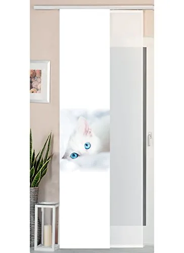 Gardinenbox 2er Set Schiebegardine Katze - 2er Set Schiebegardinen in Wildseide Optik und Voile, einfach anzubringen mit Flauschband. Inklusive Panelwagen und Beschwerungsstange. Ideal für stilvolle Fensterdekoration.