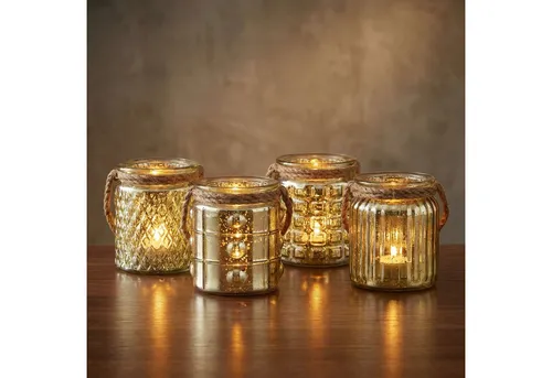 Levandeo® Teelichthalter, 4er Set Windlicht Glas Gold H10cm Gelb Teelichthalter Tischdeko Kerze