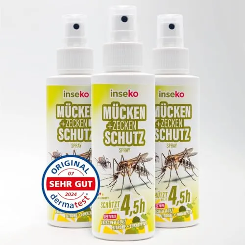 inseko Mücken- und Zeckenschutz Spray 100ml – DEET-frei, Made in Germany - Optimales Insektenschutzmittel für Haut und Kleidung. Frischer Duft nach Zitrone und Eukalyptus sorgt für angenehmen Schutz bei Outdoor-Aktivitäten. Qualität aus Deutschland für zuverlässigen Einsatz.