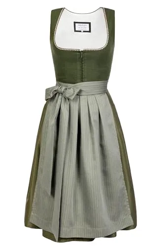 Edelnice Trachtenmode Midi Dirndl Anni aus Leinen Grün - Dirndl für Damen: Hochwertiges, grünes Leinen mit edlem Fischgrätenmuster und salbeifarbener Schürze - ideal für festliche Anlässe und das Oktoberfest.