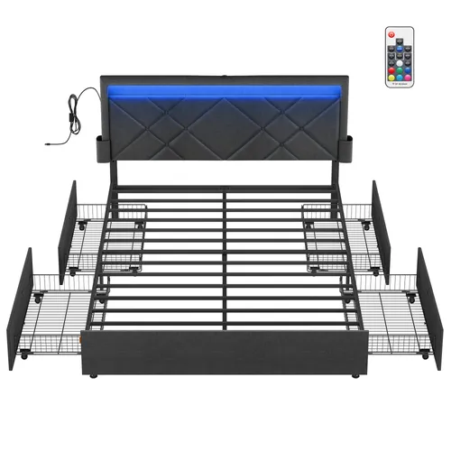 VASAGLE Polsterbett mit LED, Ladestation und 4 Schubladen - Polsterbett 140 x 200 cm mit verstellbarem Kopfteil, integrierten Ladeanschlüssen und LED-Beleuchtung für eine stimmungsvolle Atmosphäre und praktischen Stauraum.